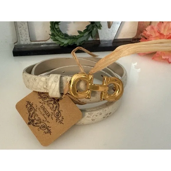 Anna Pellissari Size L Gold Tone Buckle Beige Gray Animal Print Leather Belt NWT